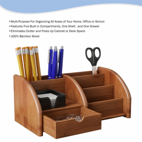 5 Compartment Bamboo Desk Organizer - Wooden Office Supply Storage Accessory with Drawers and Perspective: top