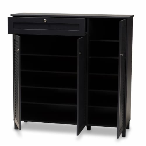 Baxton Studio Coolidge Wood 11-Shelf and Drawer Shoe Cabinet in Dark Gray Perspective: top
