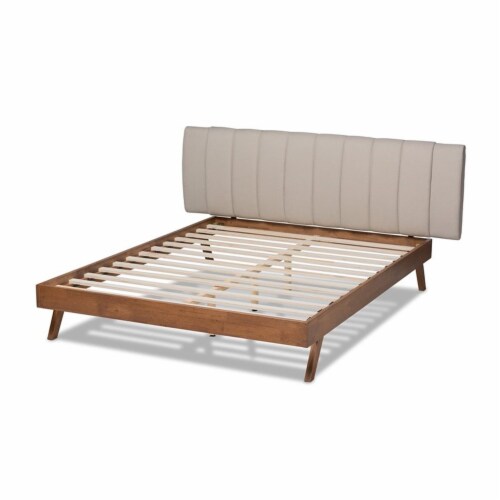 Baxton Studio Brita Upholstered Platform Queen Bed in Light Beige and Walnut Perspective: top
