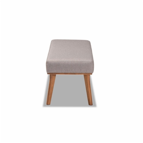 Odessa Mid-Century Modern Grey Fabric Upholstered and Walnut Brown Finished Wood Dining Bench Perspective: top