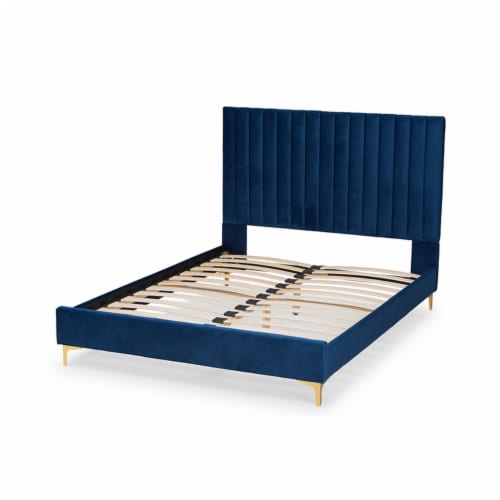 Serrano Glam and Luxe Navy Blue Velvet Fabric and Gold Metal Full Size Platform Bed Perspective: top