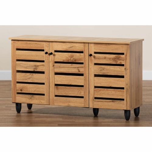 Baxton Studio Gisela Modern and Contemporary Oak Brown Finished Wood 3-Door Shoe Storage Perspective: top