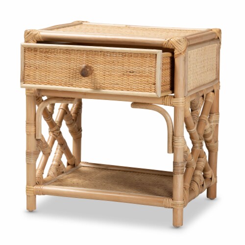 Baxton Studio Camara Modern Bohemian Natural Brown Rattan 1-Drawer Nightstand Perspective: top