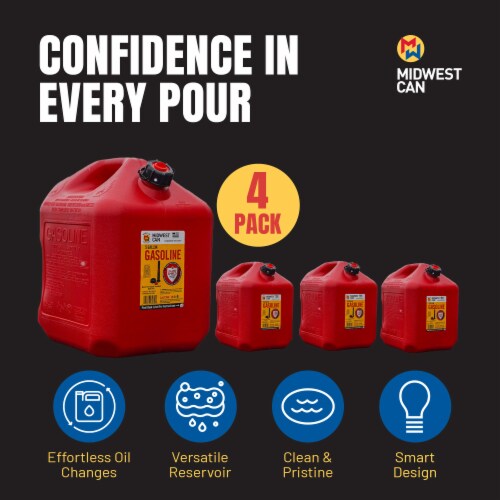 Midwest Can Company 5610 5 Gallon Gas Can Fuel Container Jugs w/ Spout (4 Pack) Perspective: top