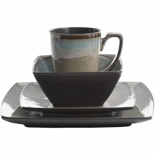 Gibson 16 Piece Square Dinnerware Set with Plates, Bowls, and Mugs (2 Pack) Perspective: top