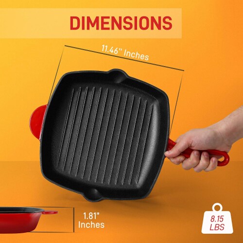 NutriChef 11 Inch Square Cast Iron Skillet with Porcelain Coating, Red (2 Pack) Perspective: top