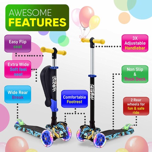 Hurtle ScootKid 3 Wheel Child Ride On Scooter with LED Wheels, Graffiti (2 Pack) Perspective: top