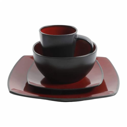 Gibson Soho Lounge 16 Piece Red Glazed Dinnerware Plates, Bowls, & Mugs (2 Pack) Perspective: top