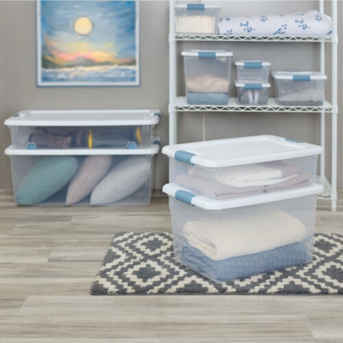 Sterilite 25 Quart Capacity Clear Plastic Storage Tote Bins with Lids, (12 Pack) Perspective: top