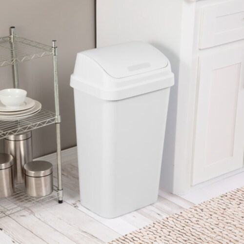 Sterilite 13 Gal Swing Top Lidded Wastebasket Kitchen Trash Can, White (4 Pack) Perspective: top