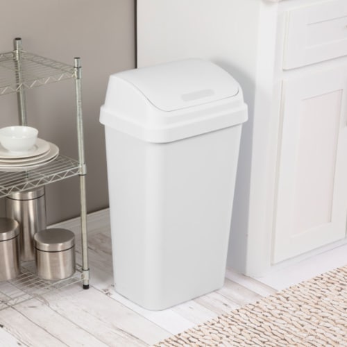 Sterilite 13 Gal Swing Top Lidded Wastebasket Kitchen Trash Can, White (8 Pack) Perspective: top