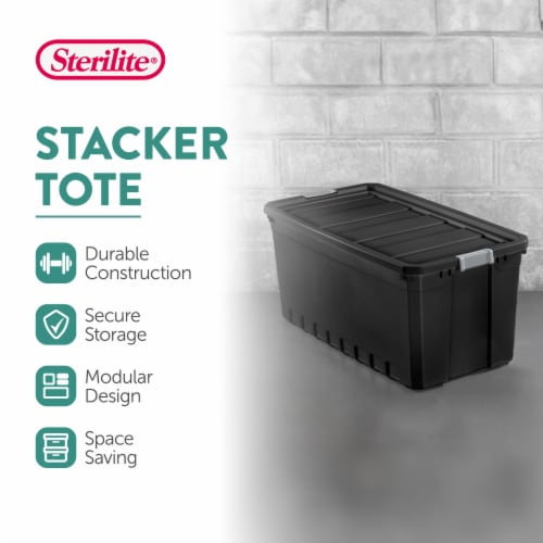 Sterilite 50 Gal Rugged Industrial Stackable Storage Tote w/ Lid, Black, 12 Pack Perspective: top