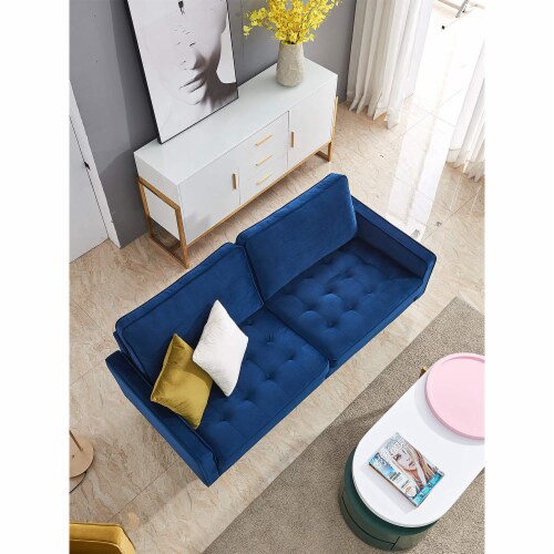 JULYFOX Mid Century Modern Button Tufted Velvet Loveseat Sofa Couch, Blue Perspective: top
