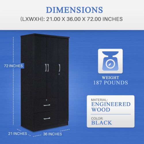 Hodedah Import 3 Door Armoire with Clothing Rod, Shelves, and 2 Drawers, Black Perspective: top