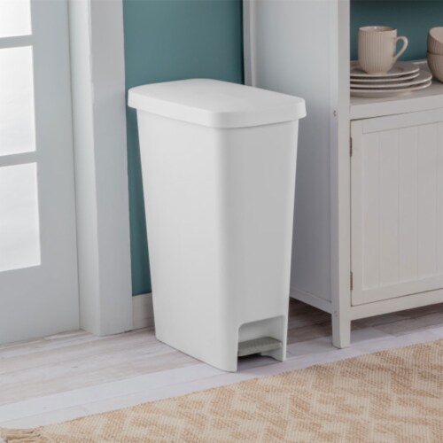 Sterilite 11 Gal. Slim Handsfree Portable Wastebasket Trash Can, White (12 Pack) Perspective: top