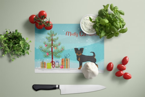 Black and Tan Chion Christmas Tree Glass Cutting Board Large Perspective: top