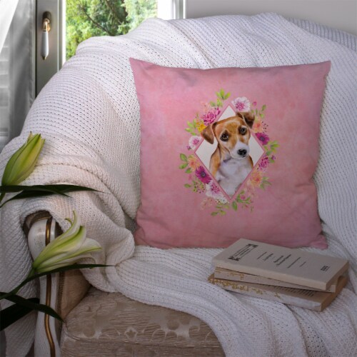 Jack Russell Terrier #1 Pink Flowers Fabric Decorative Pillow Perspective: top