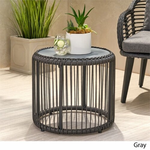 Noble House Pabrico Outdoor Tempered Glass Top Wicker Side Table in Gray Perspective: top