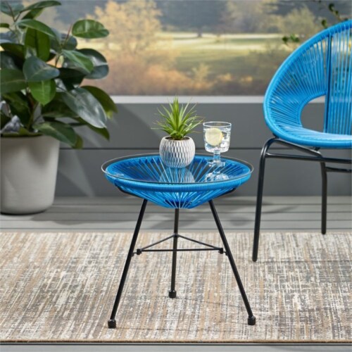 Noble House Nusa Outdoor Tempered Glass Top Faux Rattan Side Table in Blue Perspective: top