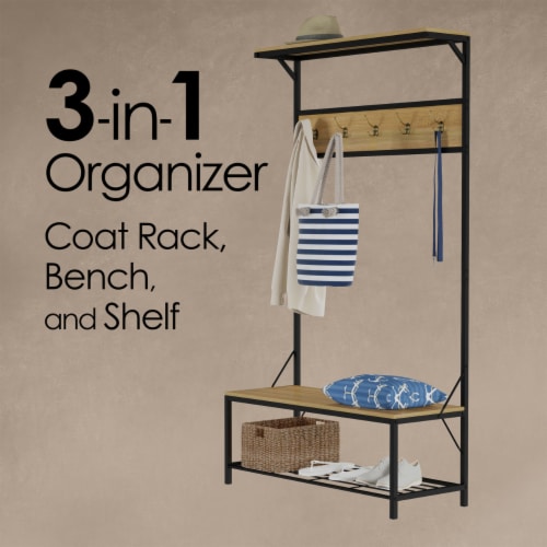 Entryway Storage Bench- Metal Hall Tree with Seat, Coat Hooks and