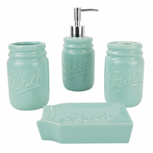 Home Basics 4 Piece Dolomite Mason Jar Bath Set, Mint Perspective: top