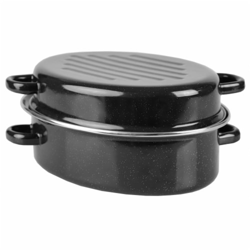 Home Basics Deep Oval Natural Non-Stick 12” Enameled Carbon Steel Roaster Pan with Lid, Black Perspective: top