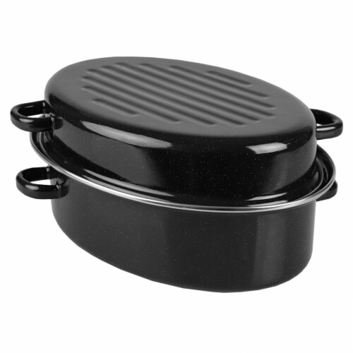 Home Basics Deep Oval Natural Non-Stick 14” Enameled Carbon Steel Roaster Pan with Lid, Black Perspective: top