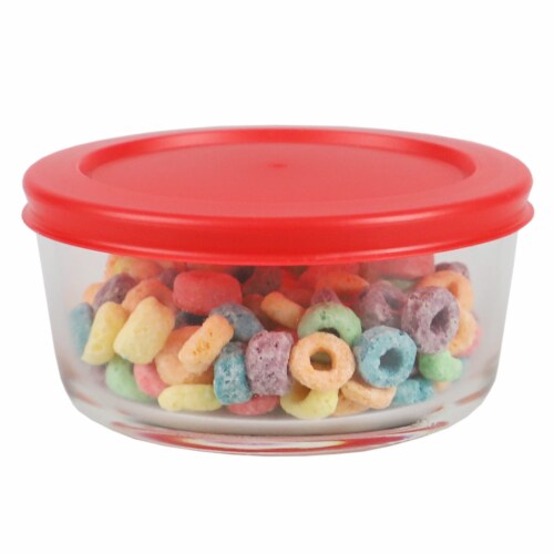 Home Basics Round 16 oz. Borosilicate Glass Food Storage Container with Red Lid Perspective: top