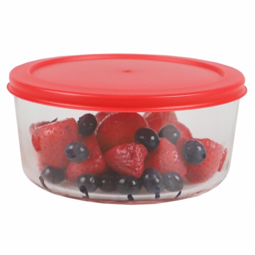 Home Basics Round 32 oz. Borosilicate Glass Food Storage Container with Red Lid Perspective: top