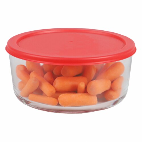 Home Basics Round 55 oz. Borosilicate Glass Food Storage Container with Red Lid Perspective: top