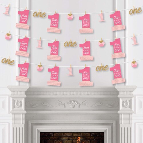 Big Dot of Happiness 1st Birthday Girl Fun to be One Decor Clothespin Garland Banner 44 Pc Perspective: top