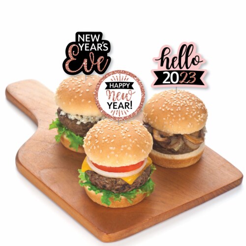 Big Dot of Happiness Rose Gold Happy New Year - Cupcake Toppers 2023 Clear Treat Picks 24 Ct Perspective: top