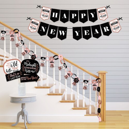 Big Dot of Happiness Rose Gold Happy New Year Decor Party Supplies Kit Doterrific Bundle Perspective: top