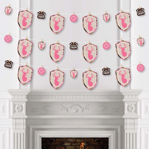 Big Dot of Happiness Pink Gone Hunting Girl Camo Party Decor Clothespin Garland Banner -44 Pc Perspective: top