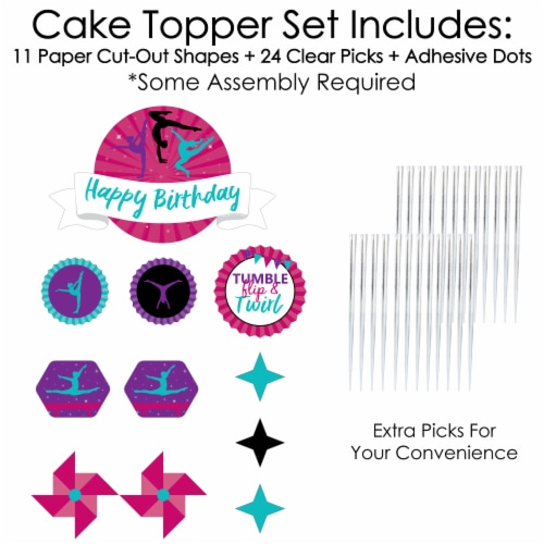Big Dot of Happiness Tumble, Flip & Twirl Gymnastics Birthday Decor Kit Cake Topper Set 11 Pc Perspective: top