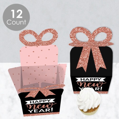 Big Dot of Happiness Rose Gold Happy New Year Square Favor Gift Party Bow Boxes 12 Ct Perspective: top