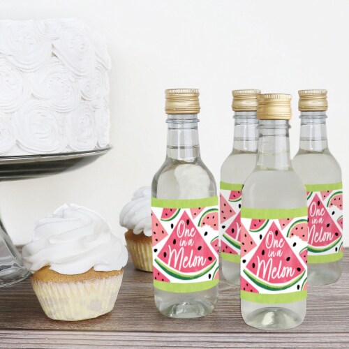 Big Dot of Happiness Sweet Watermelon Mini Wine Bottle Label Stickers Fruit Party Favor 16 Ct Perspective: top