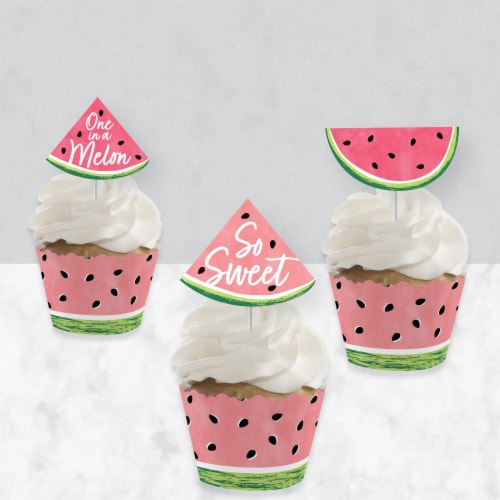 Big Dot of Happiness Sweet Watermelon Decor - Cupcake Wrappers & Treat Picks Kit 24 Ct Perspective: top
