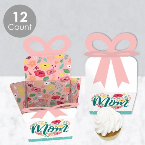 Big Dot of Happiness Colorful Floral Happy Mother's Day Square Favor Gift Box Bow Boxes 12 Ct Perspective: top