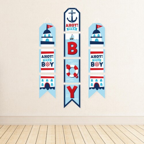 Big Dot of Happiness Ahoy It's a Boy - Hanging Vertical Paper Banners - Indoor Door Decor Perspective: top