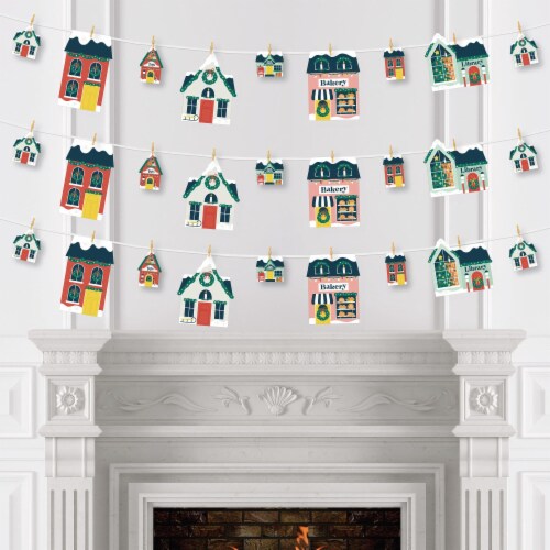 Big Dot of Happiness Christmas Village Holiday Winter Houses Clothespin Garland Banner 44 Pc Perspective: top