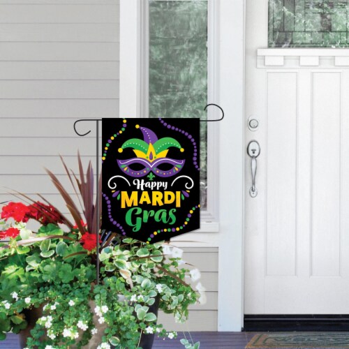 Big Dot of Happiness Colorful Mardi Gras Mask - Masquerade Party Garden Flag - 12 x 15.25 in Perspective: top