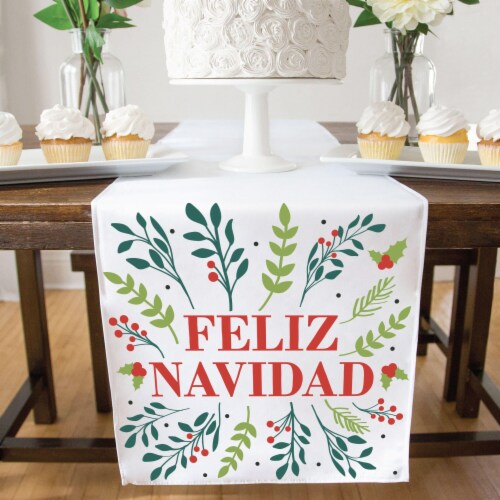 Big Dot of Happiness Feliz Navidad Holiday & Spanish Christmas Cloth Table Runner 13 x 70 in Perspective: top