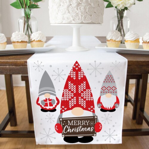 Big Dot of Happiness Christmas Gnomes Holiday Cloth Table Runner 13 x 70 in Perspective: top