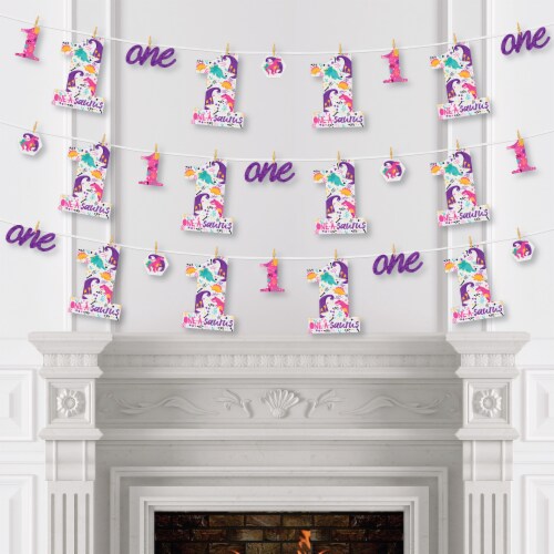 Big Dot of Happiness 1st Birthday Roar Dinosaur Girl Decor Clothespin Garland Banner 44 Pc Perspective: top