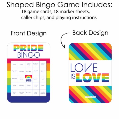 Big Dot of Happiness Love is Love LGBTQ Pride Bar Bingo Cards/Markers Shaped Bingo Game 18 Ct Perspective: top