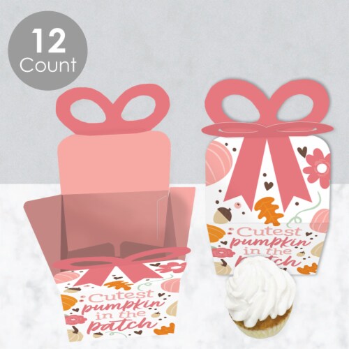 Big Dot of Happiness Girl Little Pumpkin Square Favor Birthday Baby Shower Bow Boxes 12 Ct Perspective: top