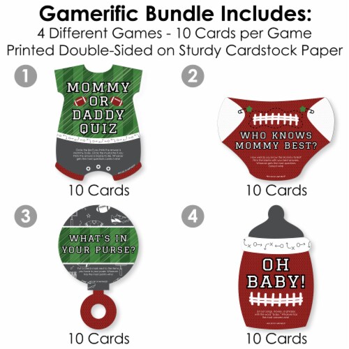 Big Dot of Happiness End Zone Football - 4 Baby Shower Games - 10 Cards Each Gamerific Bundle Perspective: top