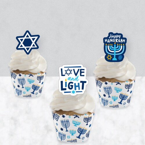 Big Dot of Happiness Hanukkah Menorah Holiday Party Cupcake Wrappers & Treat Picks Kit 24 Ct Perspective: top
