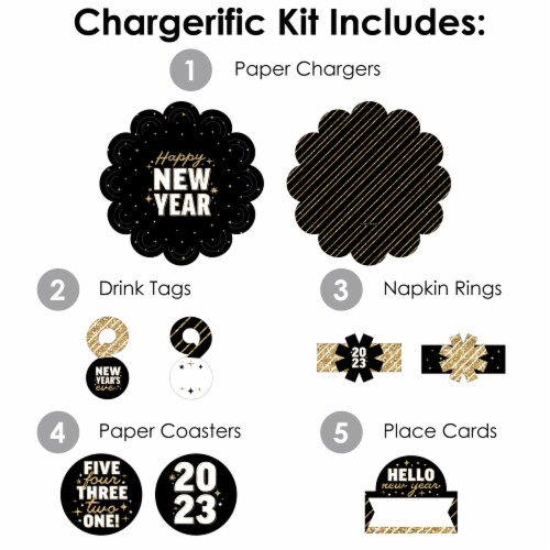 Big Dot of Happiness Hello New Year 2023 Party Charger & Table Decor Chargerific Kit for 8 Perspective: top